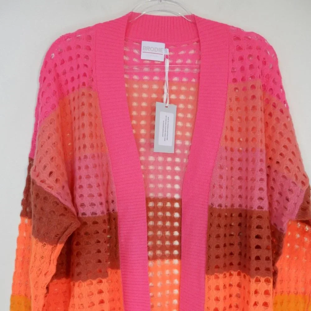 BRODIE CASHMERE Sunset Pointelle Knit Stripe CARDIGAN M L Neon Pink NEW $398 - Picture 5 of 11